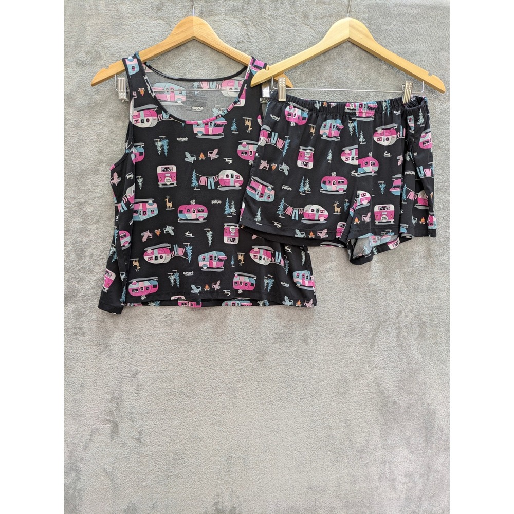 Retro Camper Pajama Set Women XL Black Pink Tank Top Shorts 2 Piece Sleepwear